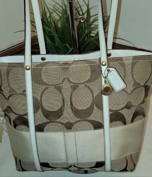 Coach Signature Stripe Tote - Khaki & White